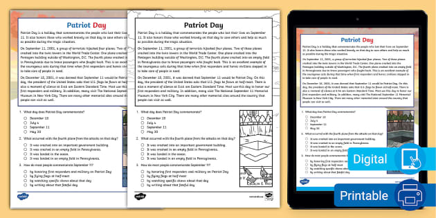 Fifth Grade Patriot Day Reading Passage Comprehension Activity