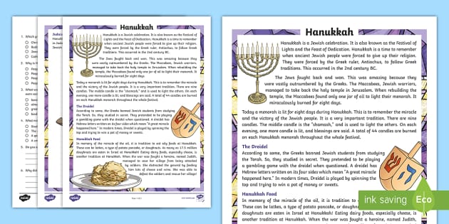 Fourth Grade Hanukkah Reading Comprehension Activity