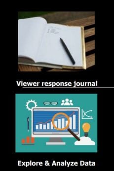 Media literacy tools including a viewer response journal and data analysis graphic, emphasizing skills in critical thinking and data interpretation.