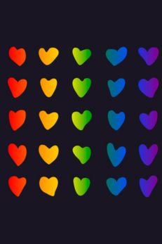 Pattern of rainbow-colored hearts on a black background, symbolizing LGBTQ+ pride and inclusivity.