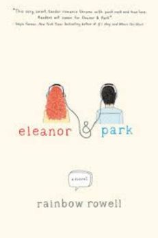 "Cover of the book 'Eleanor & Park' by Rainbow Rowell, featuring a minimalist illustration of two figures, a girl with red curly hair and a boy with short black hair, both wearing headphones connected by the same wire. The background is a soft cream color. The title 'eleanor & park' is written in lowercase, with 'eleanor' in red and 'park' in blue. The author's name, Rainbow Rowell, appears at the bottom in lowercase letters."