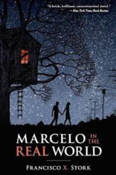"Cover of the book 'Marcelo in the Real World' by Francisco X. Stork, featuring a night scene with a dark, starry sky. A silhouette of two people holding hands is shown walking towards a large tree with a treehouse, which has a lit window. The title is displayed at the bottom in white and red text, with the author's name below it."