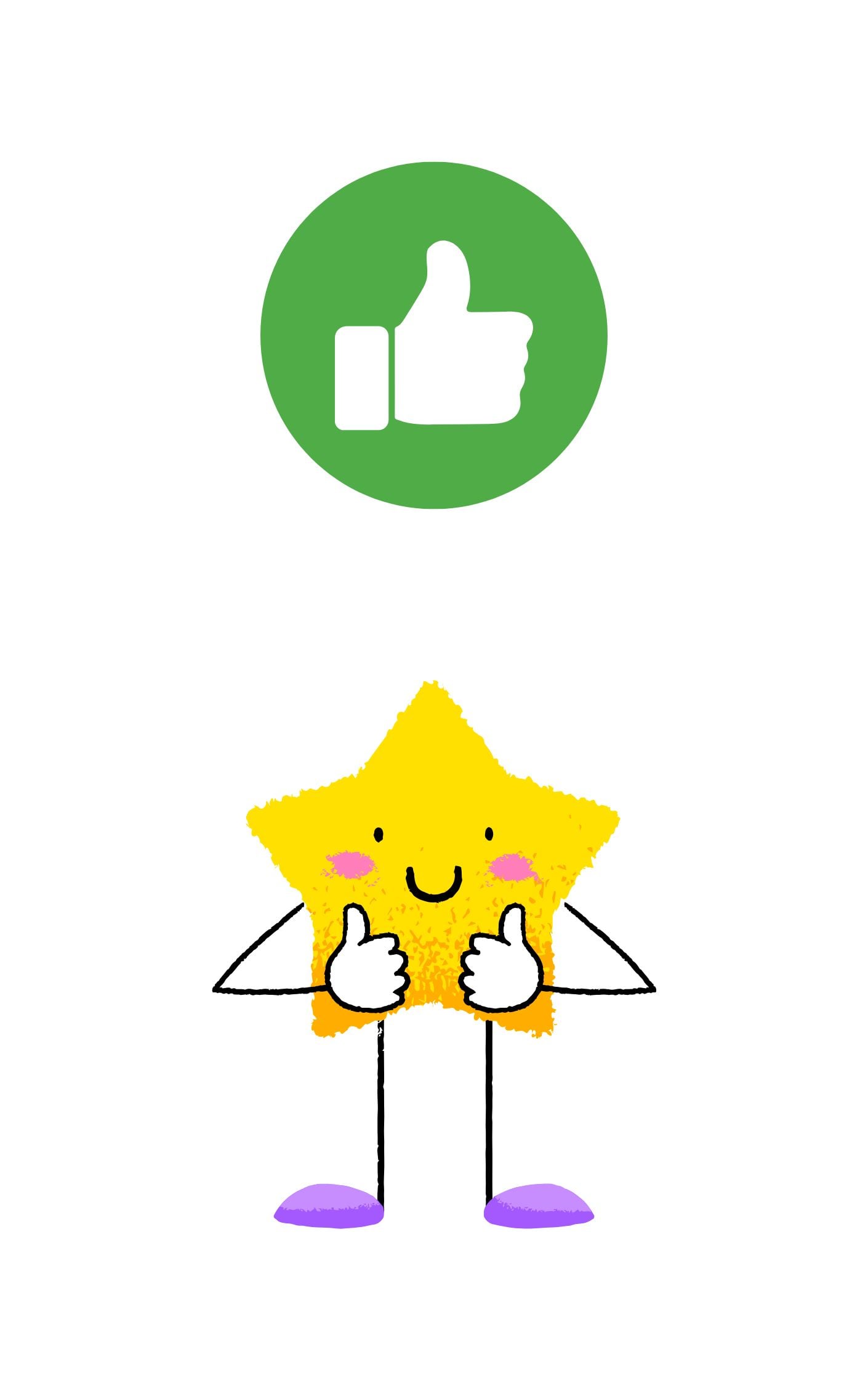 Smiling cartoon star character giving two thumbs up below a green thumbs-up icon, representing kindness and positive digital behavior online.