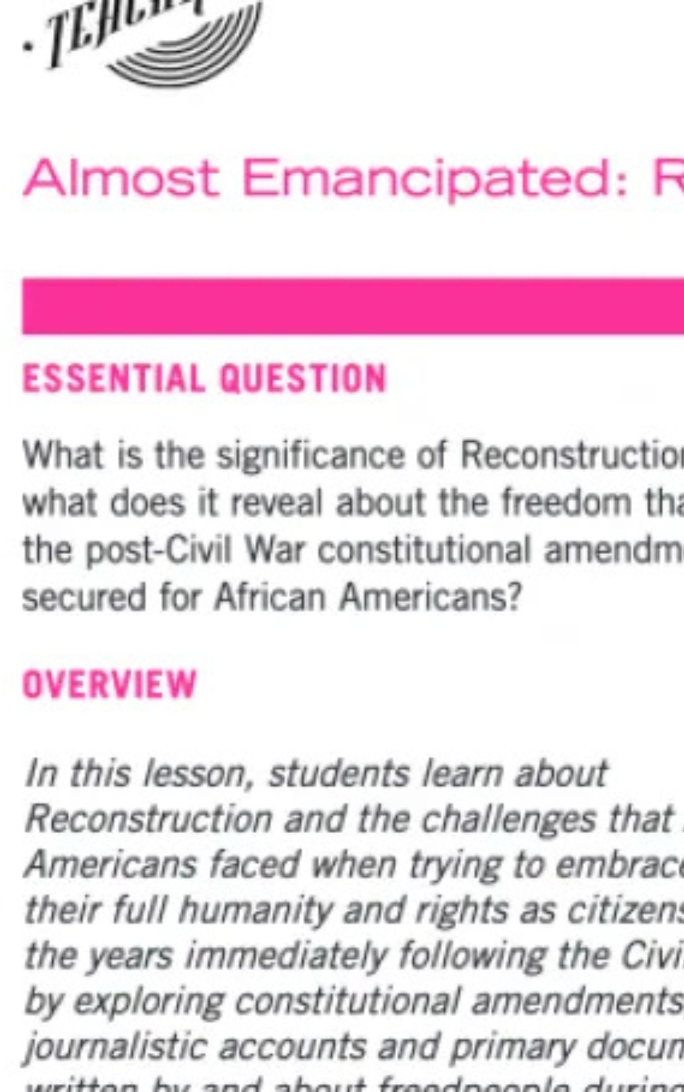 screenshot of the almost emancipated lesson plan