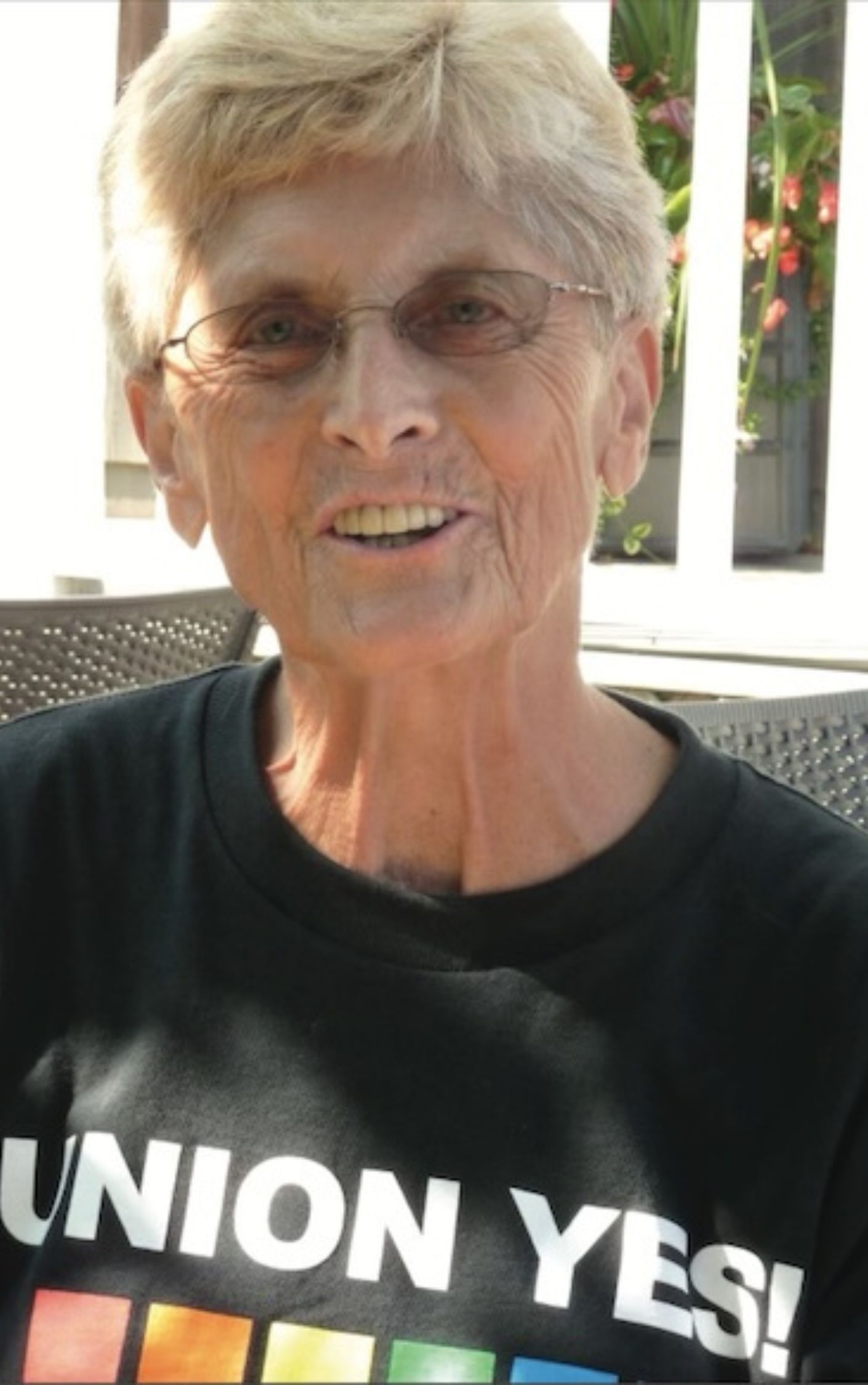 Nancy Wohlforth speaking at a union event; first openly LGBTQIA+ union officer.