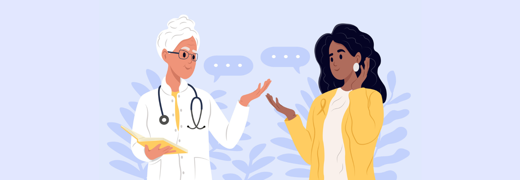 Elderly family doctor is talking to an patient. Yellow awareness ribbon. Awareness of the about Adenosarcoma, bladder cancer, bone cancer, endometriosis, sarcoma. July is Cancer Awareness Month. stock illustration