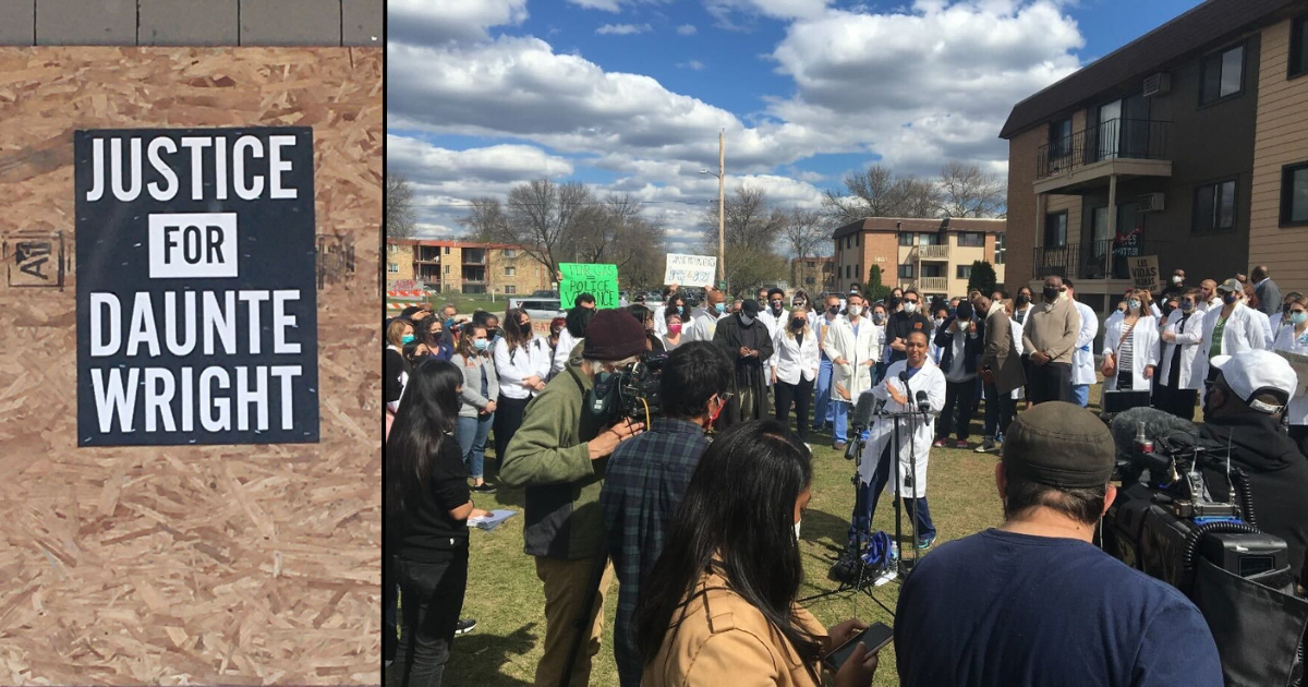 Daunte Wright protest and “White Coats press conference” after the murder of Daunte Wright. Photos courtesy of Mary Cathryn Ricker.