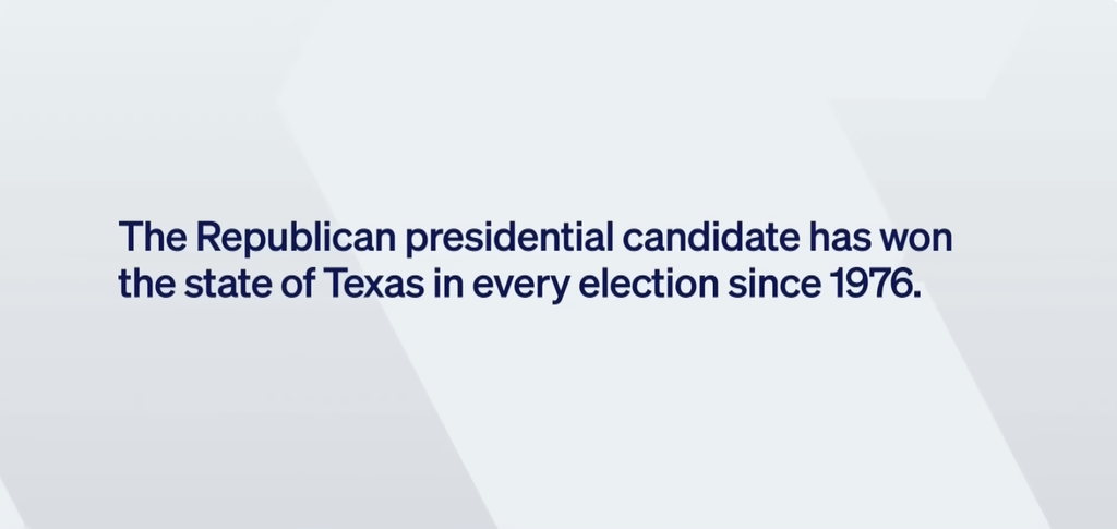 PBS graphic reading: "The Republican presidential candidate has won the state of Texas in every election since 1976."