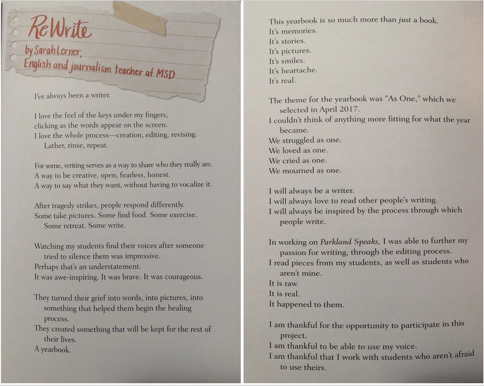 Two-page spread of a poem titled “ReWrite” by Sarah Lerner, English and journalism teacher at Marjory Stoneman Douglas High School. The poem reflects on the healing power of writing and yearbook creation after the school shooting, emphasizing student resilience, memory, and the emotional depth behind the 2018 yearbook theme “As One.” The text speaks to grief, voice, and gratitude for storytelling in the aftermath of tragedy.