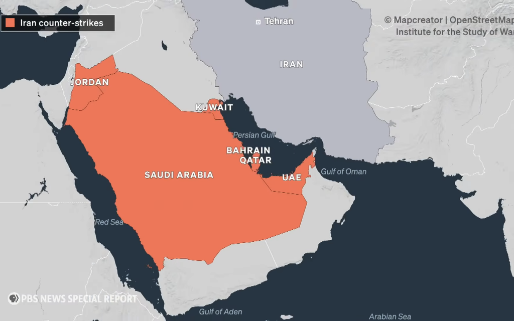 PBS News Hour screenshot showing targets throughout the Middle East hit by Iran in response to being attacked.