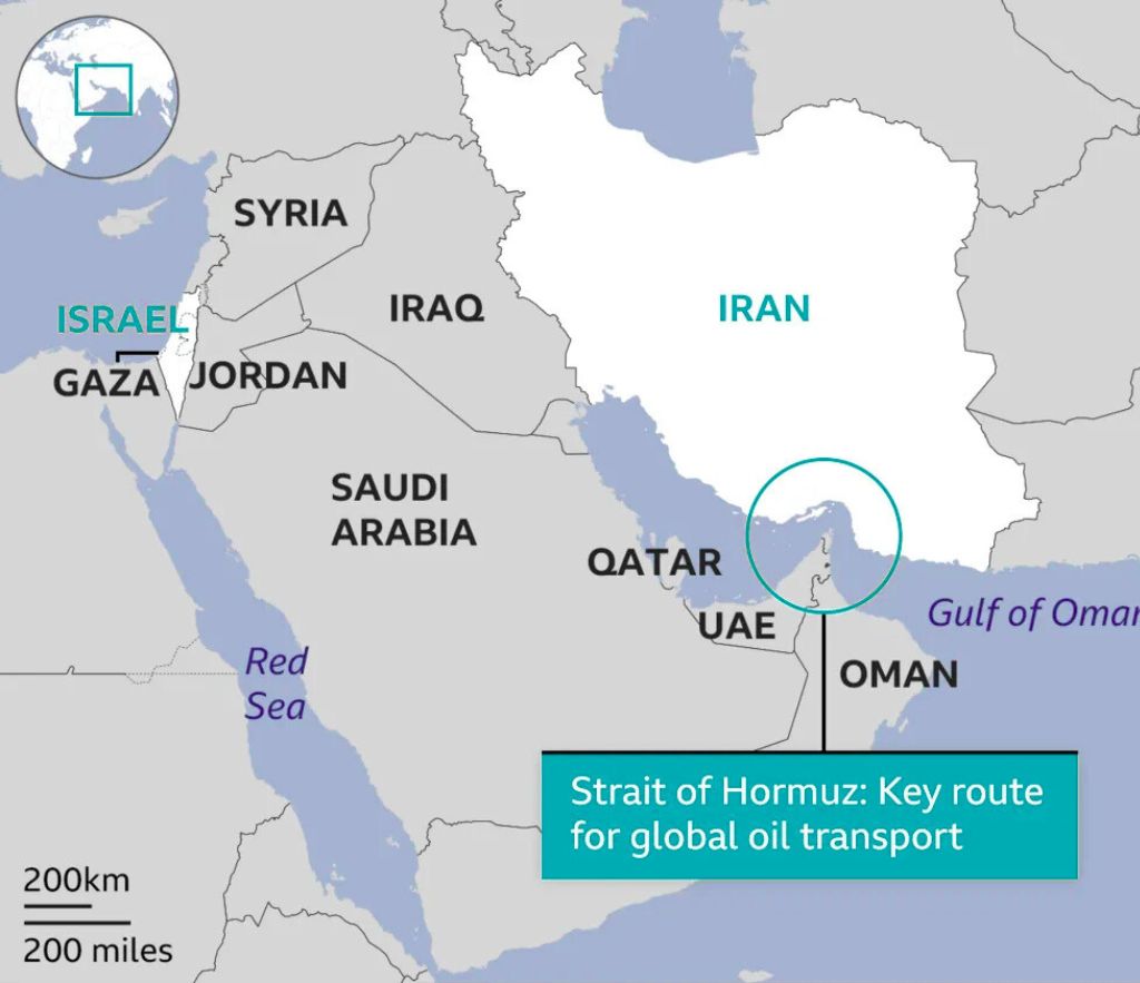 A BBC map of the Middle East highlighting the Strait of Hormuz between Iran and Oman as a key route for global oil transport, with Israel, Gaza, Iraq, Saudi Arabia, UAE, and Qatar also labeled.