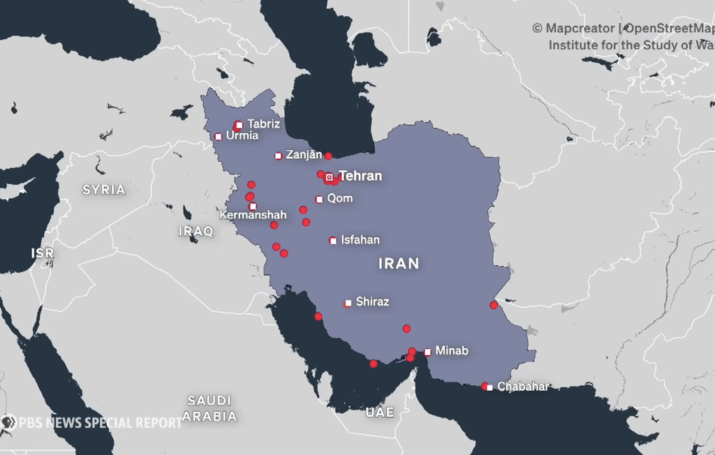 PBS News Hour screenshot showing targets in Iran hit by the U.S. and Israel