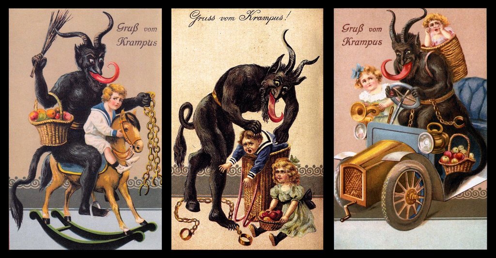A set of three vintage European postcards featuring Krampus, a horned, devil-like figure from Alpine folklore known for punishing naughty children. In each postcard, Krampus is depicted with a long red tongue, goat horns, and carrying chains or switches. The first shows him riding a rocking horse with a child; the second shows him looming over frightened children with a chain; the third shows him driving a car with a child in the passenger seat and another in a basket on his back. The text “Gruss vom Krampus” (Greetings from Krampus) appears on each.