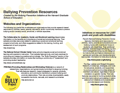Recommended Resources for Bullying Prevention