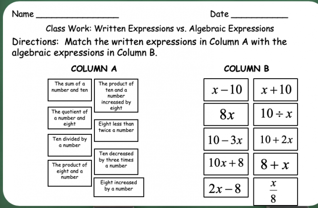Writing Algebraic Expressions Day 1 (of 2)